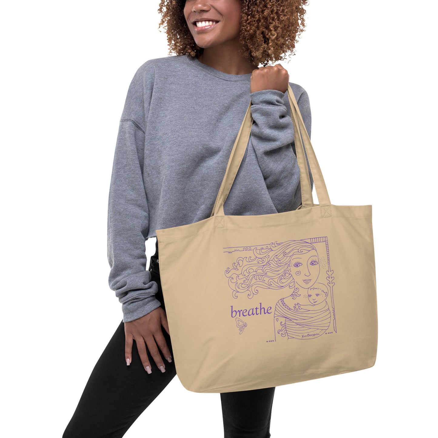 organic cotton tote in oyster color with purple mother and child line artwork by kmberggren, kimberggren, km berggren artwork on a reusable bag, art grocery bag tote