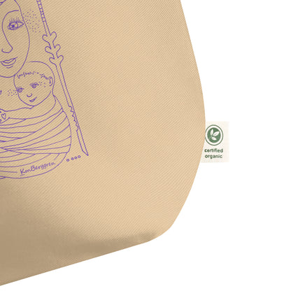 organic cottontote in oyster color with purple mother and child line artwork by kmberggren, kimberggren, km berggren artwork on a reusable bag, art grocery bag tote