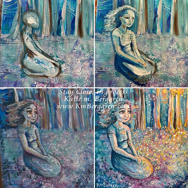woman sitting casually in the grass next to a stream and forest - with a bright orange and yellow glow coming through the trees. Remembrance artwork for women, thoughful inspiring art for girls, emotional woman loss art print by kmberggren, katie berggren