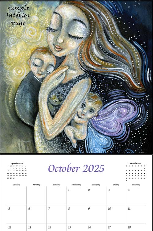 art calendar 2025, km berggren art calendar, mother child calendar, calendar for moms, planner for moms, keepsake calendar, collectible calendar, mom and baby art, calendar for families, calendar for mothers, new baby calendar, new baby gift, new mom gift, push gift artwork, family of 5 painting, mother and two kids, 2 kids artwork, mom and babies painting