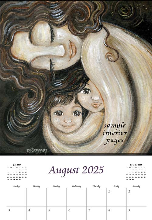 art calendar 2025, km berggren art calendar, mother child calendar, calendar for moms, planner for moms, keepsake calendar, collectible calendar, mom and baby art, calendar for families, calendar for mothers, new baby calendar, new baby gift, new mom gift, push gift artwork, family of 5 painting, mother and two kids, 2 kids artwork, mom and babies painting