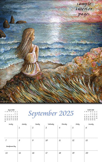 art calendar 2025, km berggren art calendar, mother child calendar, calendar for moms, planner for moms, keepsake calendar, collectible calendar, mom and baby art, calendar for families, calendar for mothers, new baby calendar, new baby gift, new mom gift, push gift artwork, family of 5 painting, mother and two kids, 2 kids artwork, mom and babies painting