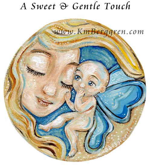 blonde mother with angel baby touching her face, angel baby with blue wings, bald angel baby, blue eye baby angel, condolence gift for mom, gift after baby loss