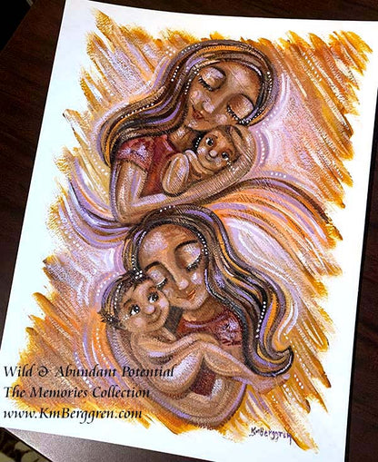 dark skin mother and two children, brown skin artwork, woman of color, same sex couple with children, two women with children, indian mother and baby art, brown family, black family, african american mother and child, original family paintings by Katie m. Berggren