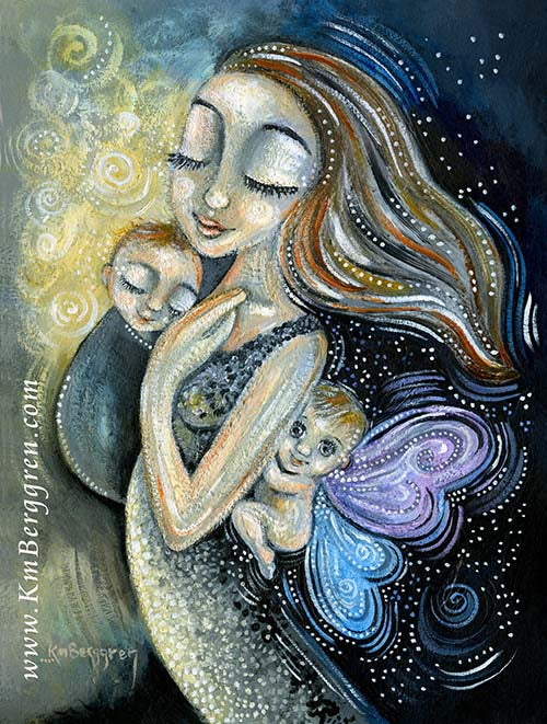mother holding rainbow baby with angel baby clinging to her back, winged baby lost twin, earthside and heavenside