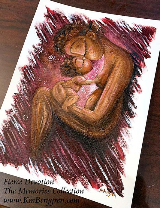 african american mother and child, black woman with kissing baby, black mother and naked child, naked mother and child, nude black woman holding baby, face to face, skin to skin, baby touching breast, magenta, brown skin, black mom, brown mama, brown baby, curly brown hair, painting on paper, original art by Katie m. Berggren