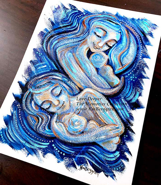 ocean art, ocean colors paintings of women, painting of mother and infant, mom and newborn, naked baby, nude mother and child, new baby on chest art, lactation art, breastfeeding paintings, gifts for new mom, gift for lactating parent, mother and two babies, same sex couple, lesbian parents, 2 moms 2 babies, moms with two children