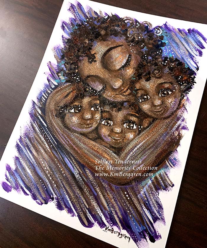 african american mother art, paintings of black families, paintings of black women, black mother and three children, women of color, family of color, brother sister art, sibling love art, curly brown black afro, brown and purple artwork, brown family, brown mother and children