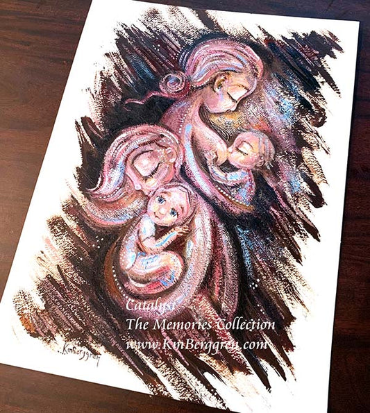 breastfeeding art, lactating mother art, cradling toddler, mommy baby art, single mother small family, mother child artwork, warm art, gift for mom of 2, gift for mom of 1, skin to skin, pink blonde hair, family artwork, purple and brown painting on thick paper, brother, sisters, two kids or 3 kids, motherhood art by Katie m. Berggren, KmBerggren