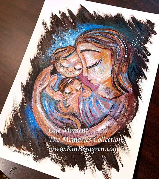 mother nursing baby with big brother, big sister, family nursing, breastfeeding baby, mom and two kids artwork, purple paintings, red hair mom, brown blue purple art, emotional art, painting on paper by Katie m. Berggren