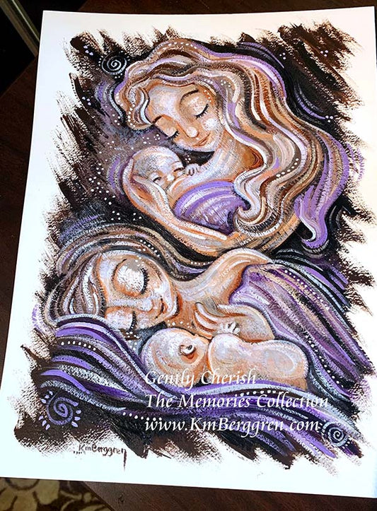 long blonde hair mom nursing baby, lactating mother, nursing side lying, laying down nursing, football hold feeding, purple artwork on paper, original art of family and mom, paintings of mother and child, paintings of breastfeeding, peaceful art, gentle mothering, gentle parenting, original painting on paper by Katie m. Berggren