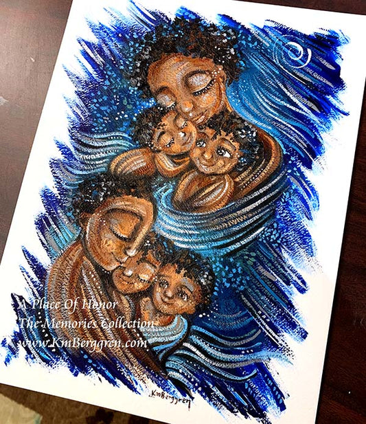 african american mother and children, father and children, black woman, black man and kids, black family, skin to skin, black afro hair, short curly hair, proud family artwork, blue painting on thick paper, brothers, sisters, two kids or four kids, motherhood art by Katie m. Berggren, KmBerggren