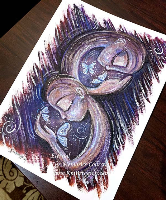 condolence gift for mother and father after loss, multiple miscarriages, purple butterfly art, painting of parent with butterfly, angel baby, baby loss, child loss, sentimental sympathy gift for friend after loss, gift after miscarriage, painting on paper, nonbinary parent and butterfly, nonbinary parent grieving