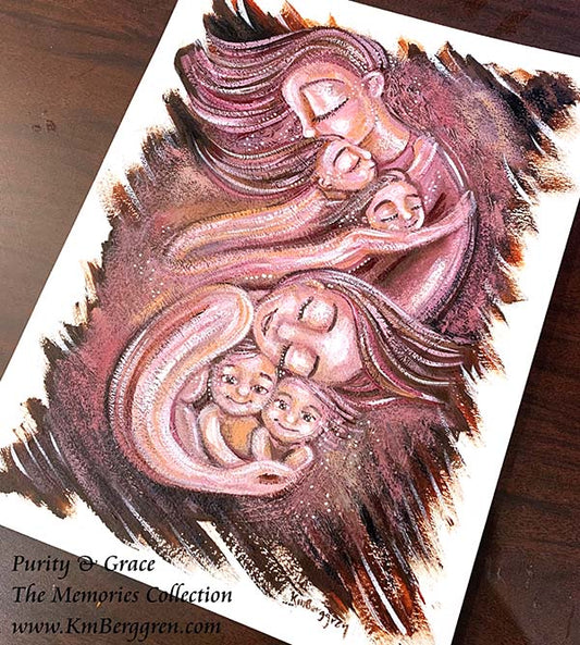 purple woman and kids painting, sisters art, two daughters art, daughter and son painting, boy and girl painting, mama of four artwork, purple painting of family, paintings of women, original art on paper by Katie m. Berggren