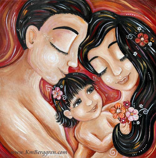 red art print of Asian mother and father, dad art to celebrate Father's Day, wall art for mother and father. Couple art,  mom dad and little girl with flowers