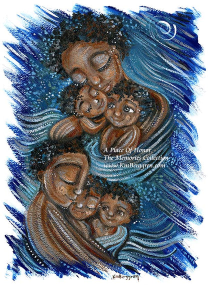 african american mother and children, father and children, black woman, black man and kids, black family, skin to skin, black afro hair, short curly hair, proud family artwork, blue painting on thick paper, brothers, sisters, two kids or four kids, motherhood art by Katie m. Berggren, KmBerggren