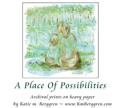 woman and child sitting in a forest, flowers in grass, aqua green blue artwork, dreamy woods, dreamy nature artwork of mother and child kmberggren