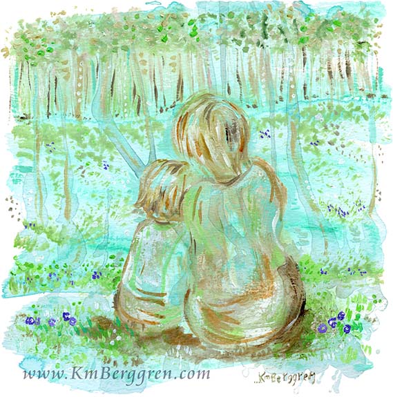 woman and child sitting in a forest, flowers in grass, aqua green blue artwork, dreamy woods, dreamy nature artwork of mother and child kmberggren