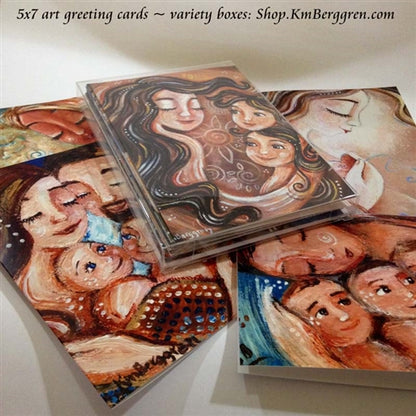 frameable 5x7 cards of mother and child paintings, easy to give gifts for moms, gift for best friend, gift for girlfriend, box of tender caring cards for women, a set of artwork greeting cards from Katie m. Berggren