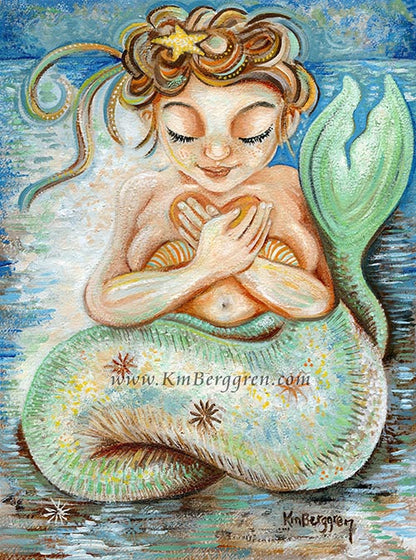 introspective lone heavyset full-figured mermaid with red blonde hair, blue water, green tail, orange heart and orange shells over her breasts