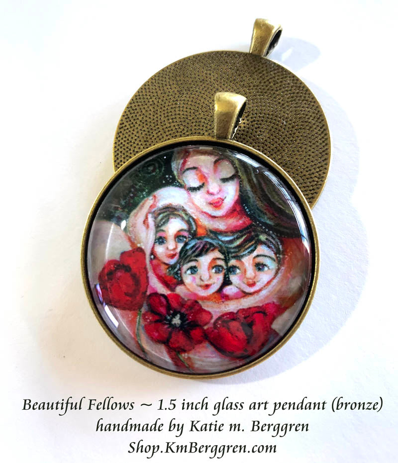 mother and three kids with poppies glass art pendant necklace mothers gift 1.5 inches across handmade by the artist
