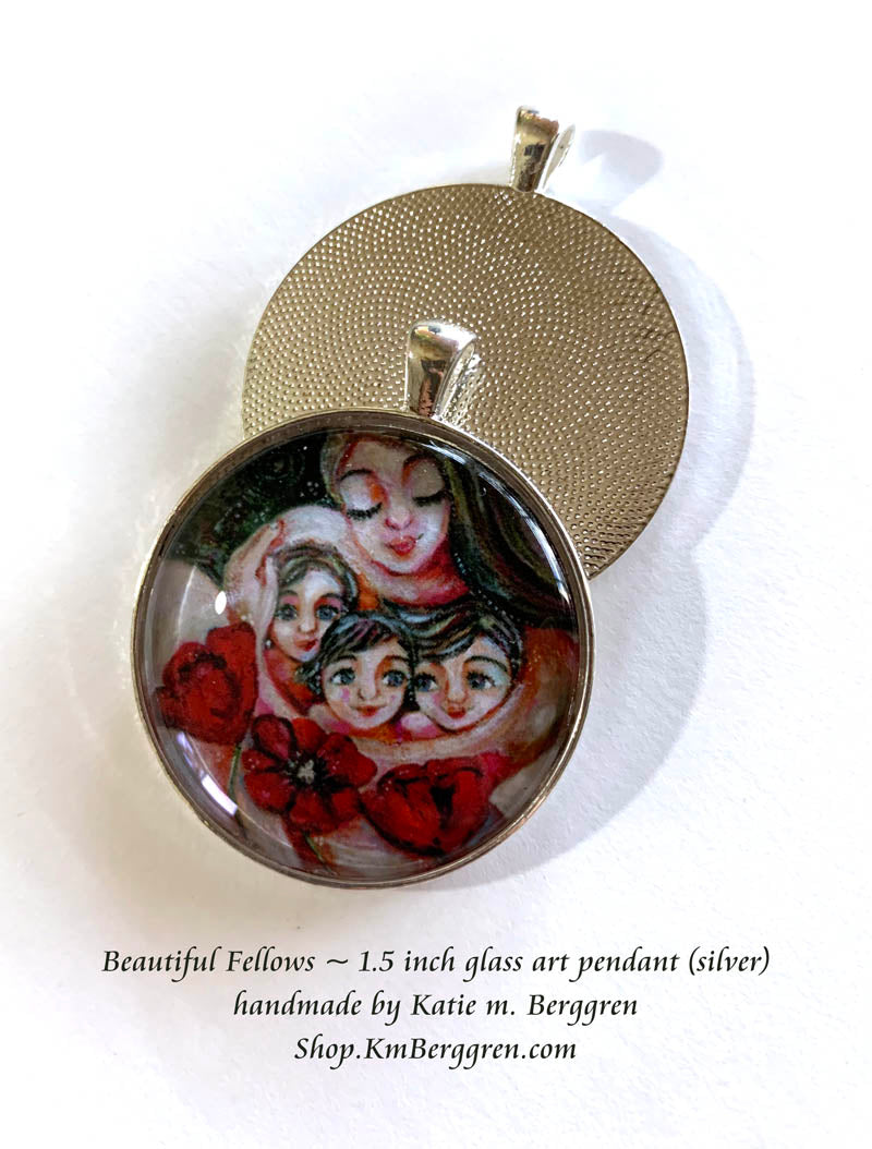 mother and three kids with poppies glass art pendant necklace mothers gift 1.5 inches across handmade by the artist