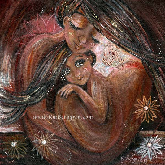 black mother and daughter long dark hair cuddling skin to skin, sparkly brown eyes, moon on cheek, butterfly and flowers art print, strong women painting