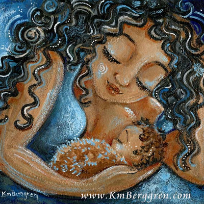 gift for breastfeeding nursing african american mom, nursing baby artwork, breast feeding painting by KmBerggren