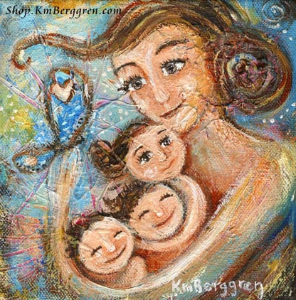 Mother with three children and butterfly blue art print