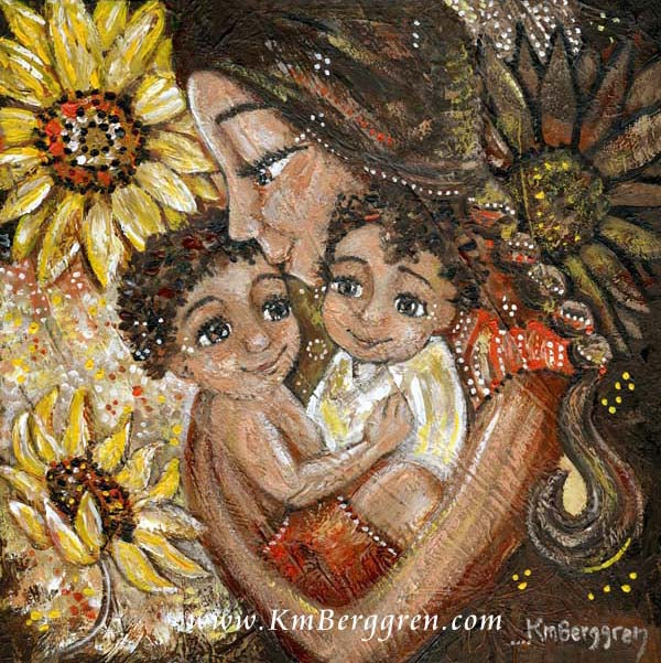 African American mother and children with big yellow sunflowers and braided hair original painting by KmBerggren