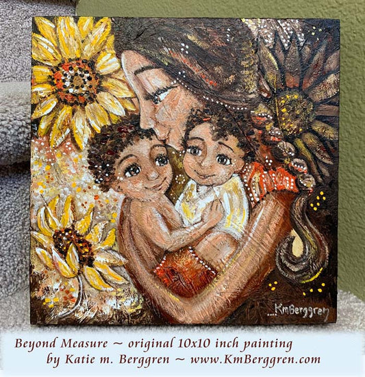 African American mother and children with big yellow sunflowers and braided hair original painting by KmBerggren