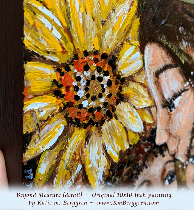 detail view of African American mother and children with big yellow sunflowers and braided hair original painting by KmBerggren