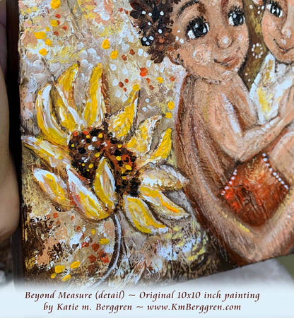 close up view of African American mother and children with big yellow sunflowers and braided hair original painting by KmBerggren