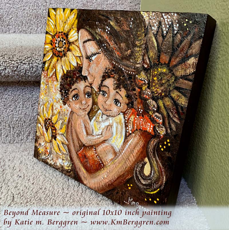 edge view of African American mother and children with big yellow sunflowers and braided hair original painting by KmBerggren