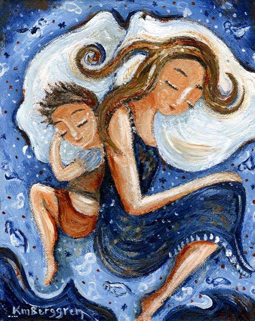 blue art print of mother sleeping back to back with son in blue bed
