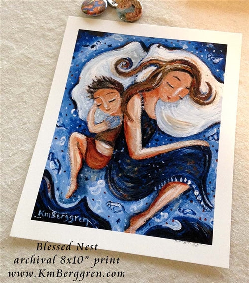 8x10 inch art print of mother and son sleeping in blue bed 