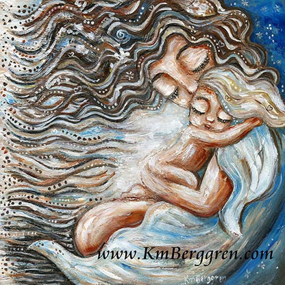 brunette curly mother hugging blonde long haired child, naked child, skin to skin, mother and daughter, mother and long hair son, mom and toddler art, print of mom and baby by kmberggren