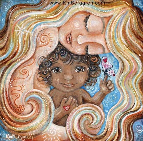 art image of blonde mother holding africal american child with curly hair and butterfly on finger