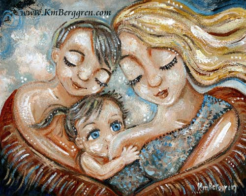 blonde mother nursing blue eyed girl with big brother, mom and two kids, big brother little sister, nursing little sister artwork, mom with 2 young kids art print