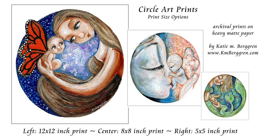 round paintings, paintings of family on round paper, round art, circle circular artwork, mom and baby paintings prints, kmberggren art circle