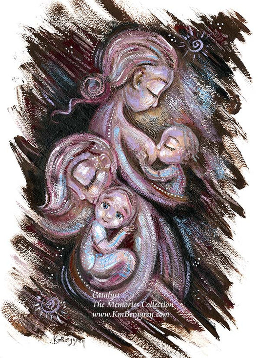 breastfeeding art, lactating mother art, cradling toddler, mommy baby art, single mother small family, mother child artwork, warm art, gift for mom of 2, gift for mom of 1, skin to skin, pink blonde hair, family artwork, purple and brown painting on thick paper, brother, sisters, two kids or 3 kids, motherhood art by Katie m. Berggren, KmBerggren
