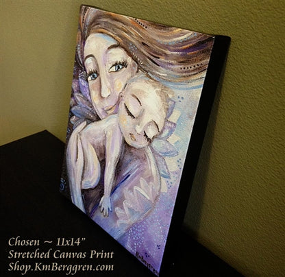 canvas print of a mother and child in purple tones 