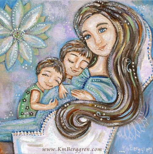 a purple and blue art painting of a pregnant mother with two children and a big blue flower, big sister big brother new baby