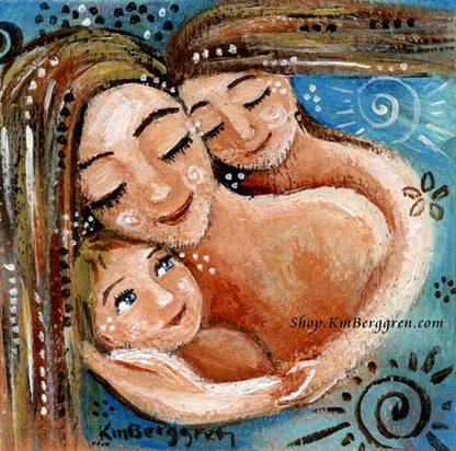 a blue art print of a blonde mother with two children, a daughter and a son, and a swirl sunshine