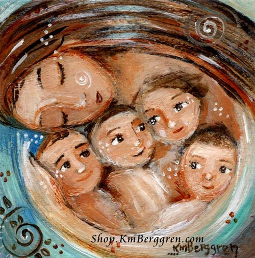 art print of mother with four children cuddled together in bed