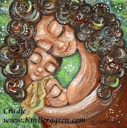 curly brunette mother with big brother and little sister nursing. green circle of love, unique motherhood art gift for mothers day