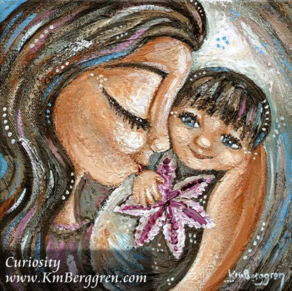 brunette mother and blue eyed brunette child. smiling baby with lily flower. stargazer lily. mother baby artwork by Katie m. Berggren, unique mothers day gifts