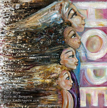 original painting on smooth cradled panel, ready to hang, of woman with Hijab standing with three girls, one white with blonde hair, one asian with brown hair, one black with curly black hair, facing the word HOPE in big letters - art by KmBerggren