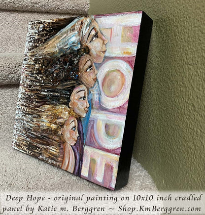 original painting on smooth cradled panel, ready to hang, of woman with Hijab standing with three girls, one white with blonde hair, one asian with brown hair, one black with curly black hair, facing the word HOPE in big letters - art by KmBerggren