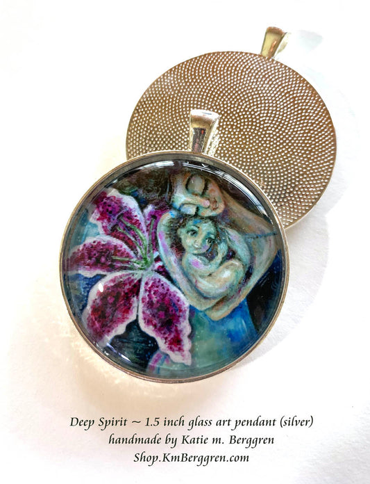 mother and big eyed toddler with stargazer lily glass art pendant necklace mothers gift 1.5 inches across handmade by the artist